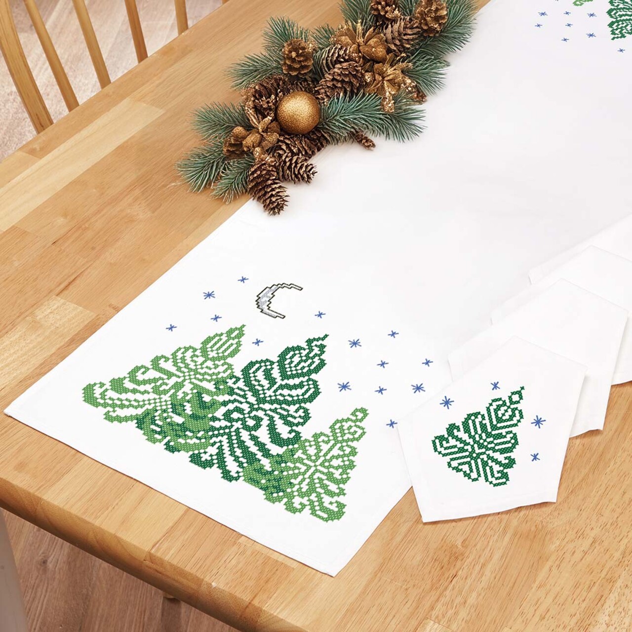 Herrschners Midnight Pines Table Runner & Napkins Stamped Cross-Stitch
